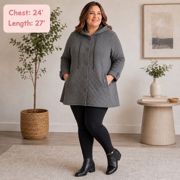 Christian Siriano Jackets & Blazers - Christian Siriano New York Quilted Hooded Jacket Womens 1X Gray Button Front